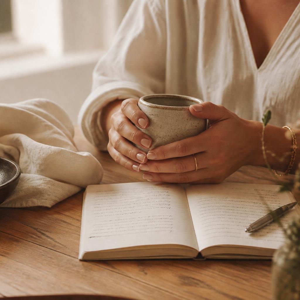 Hands cradling a warm mug beside an open journal