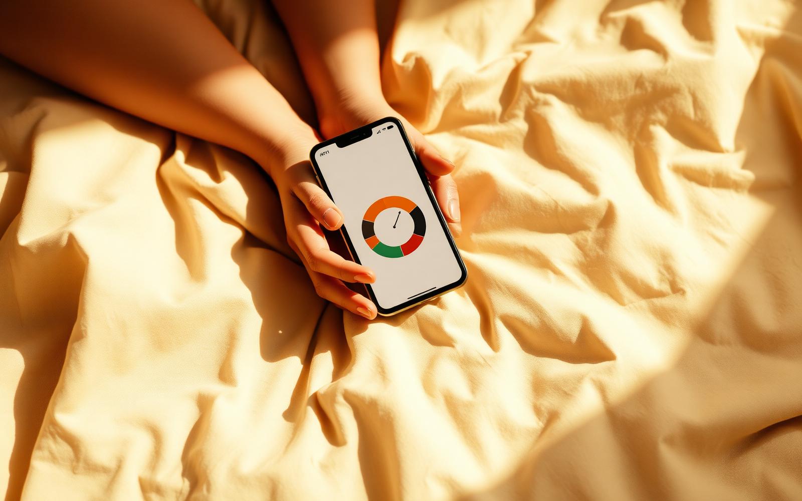 A woman's hands holding a phone with a cycle wheel, on warm sand linen