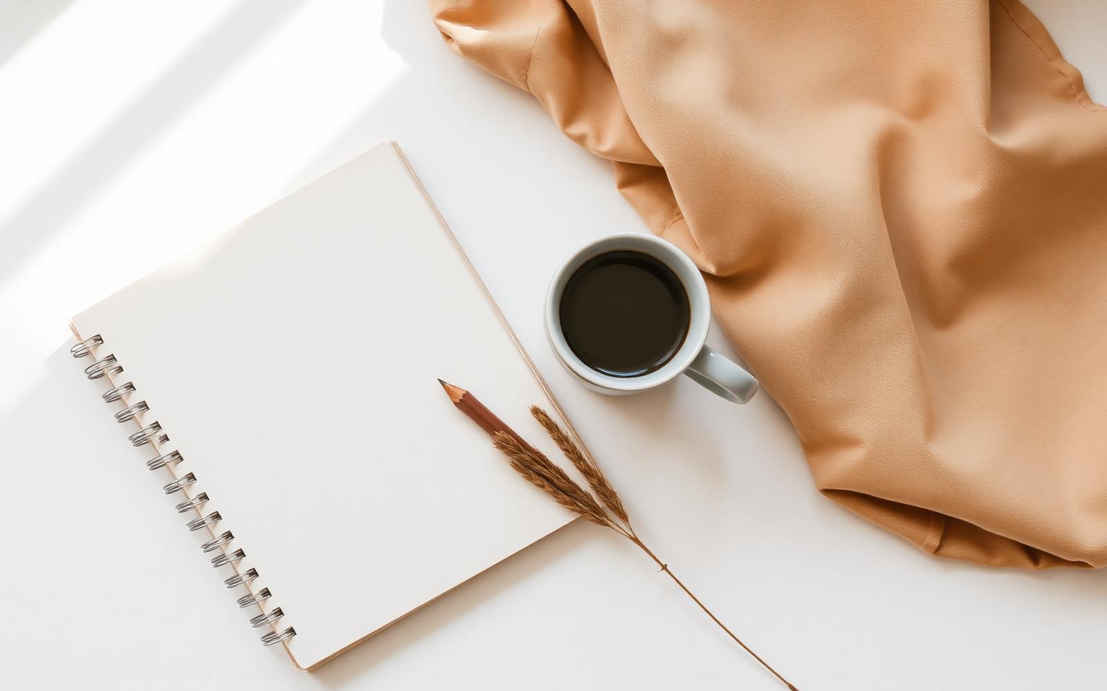 A journal, mug and folded warm linen